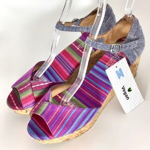 NEW TOMS Women's‎ 9 Multicolor Fabric Wedge Sandals Cork Heels Tribal Striped